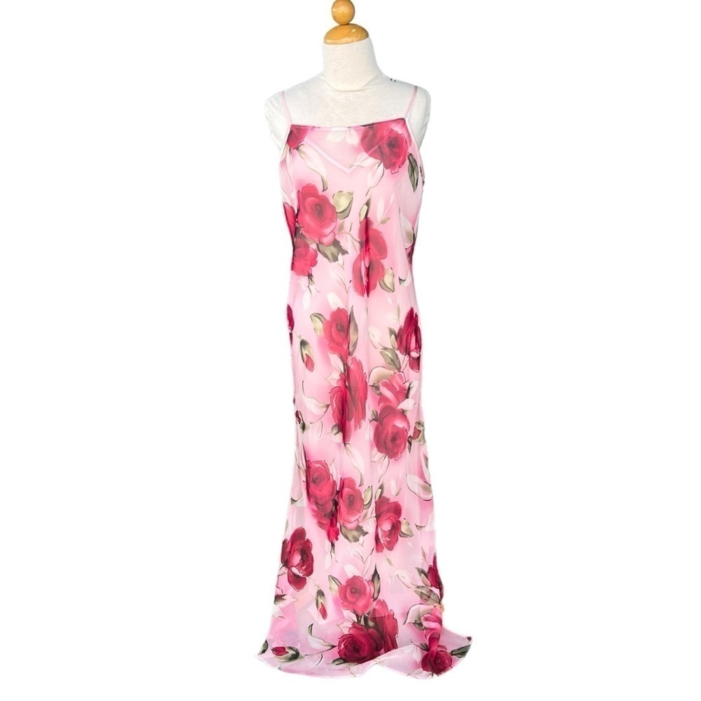 Vintage 90s Y2K Valerie Stevens Rose Chiffon Maxi Pegnoir Semi-Sheer Large GUC